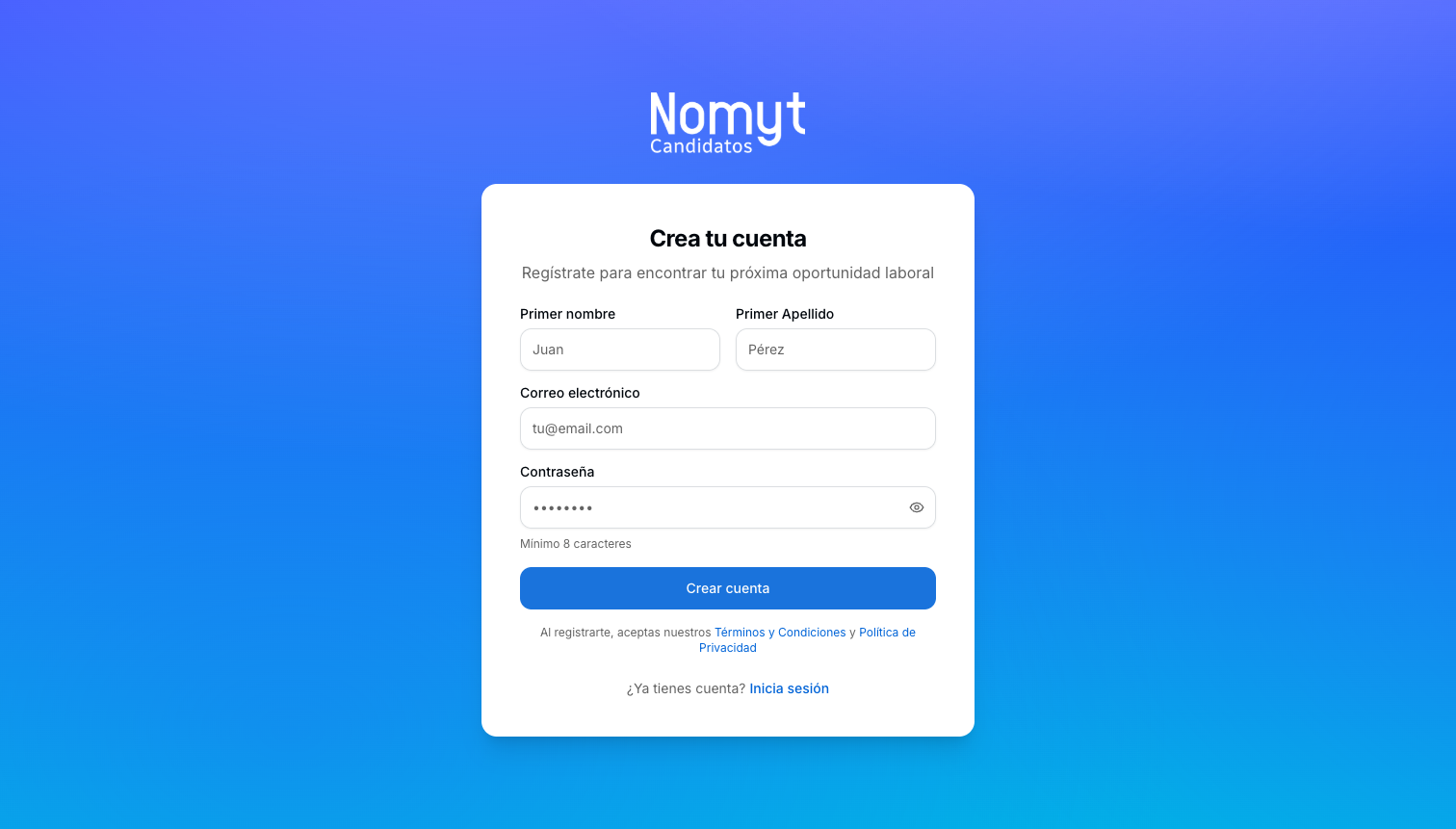 Pantalla de registro de Nomyt para candidatos