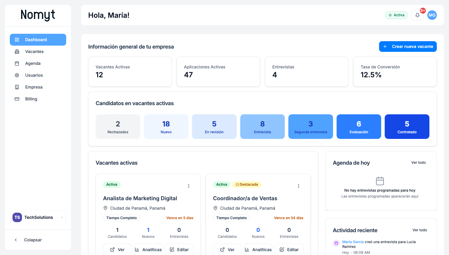 Panel completo con barra lateral, KPIs y contenido principal