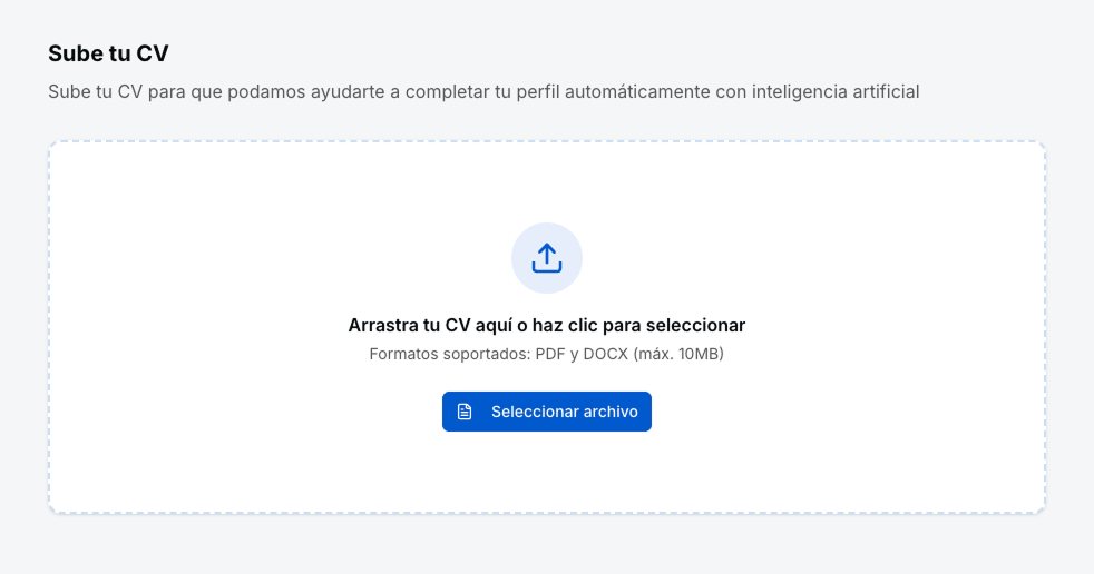 Pantalla de carga de CV con drag-and-drop