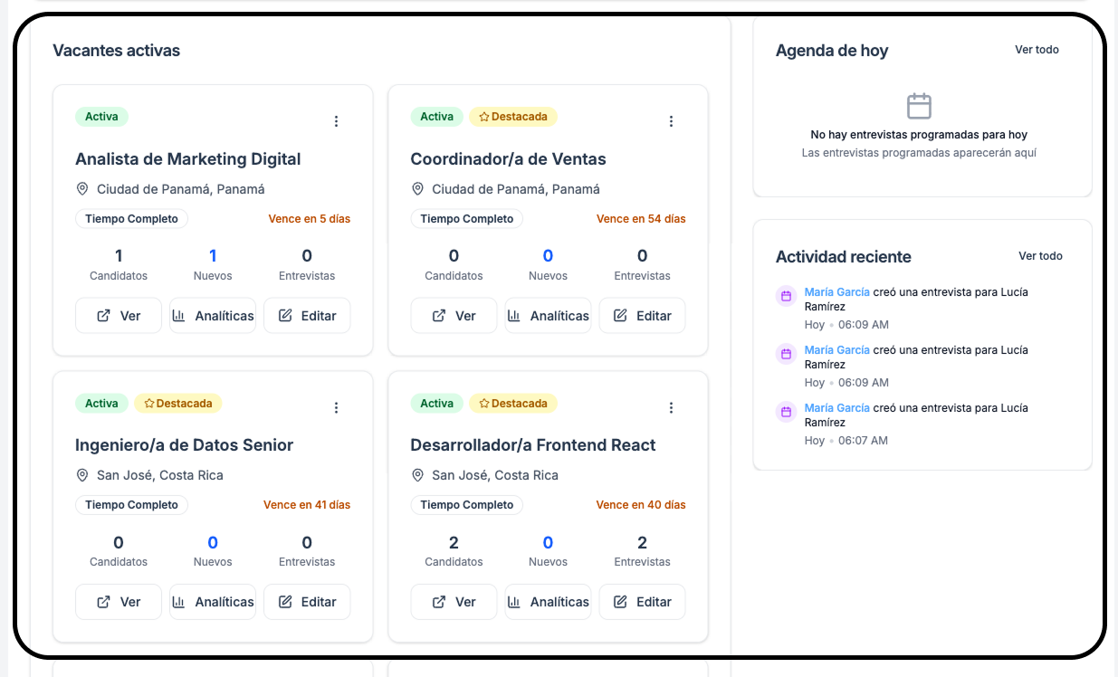 Tablero de vacantes activas, agenda del día y actividad reciente