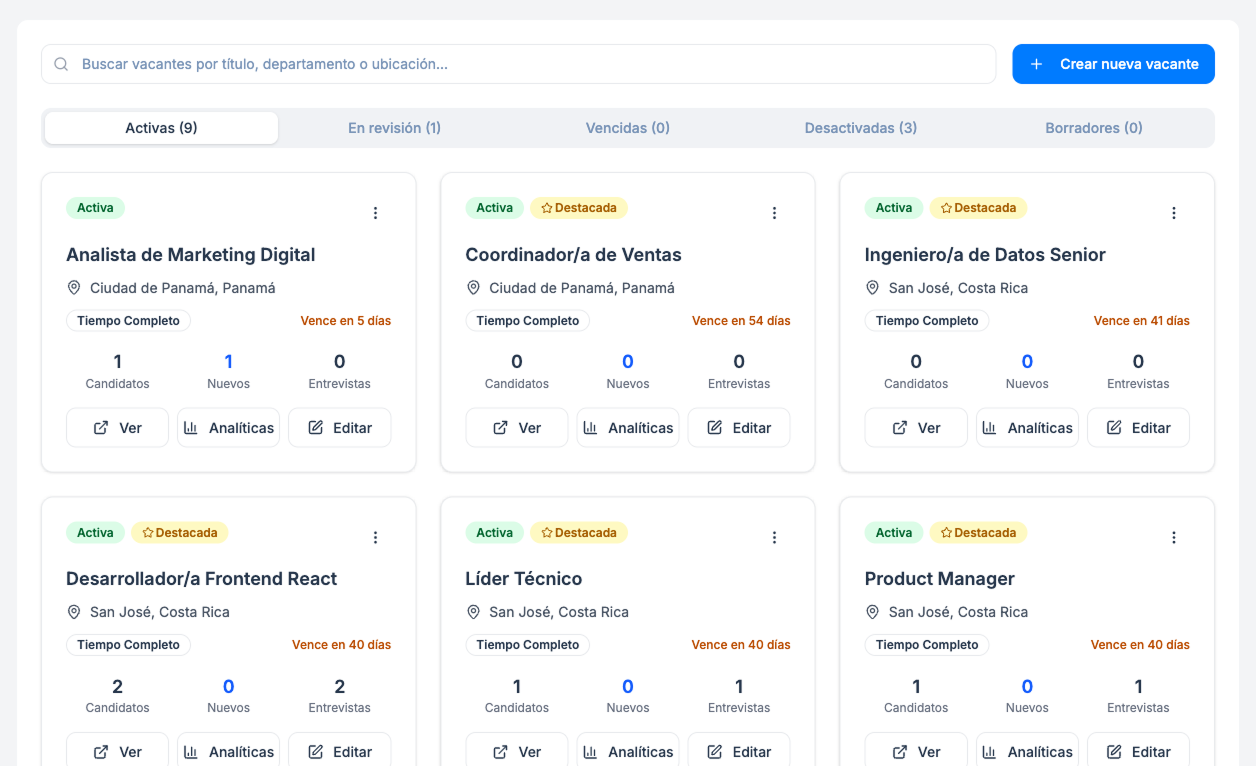 Vista tablero de vacantes con pestañas por estado y tarjetas