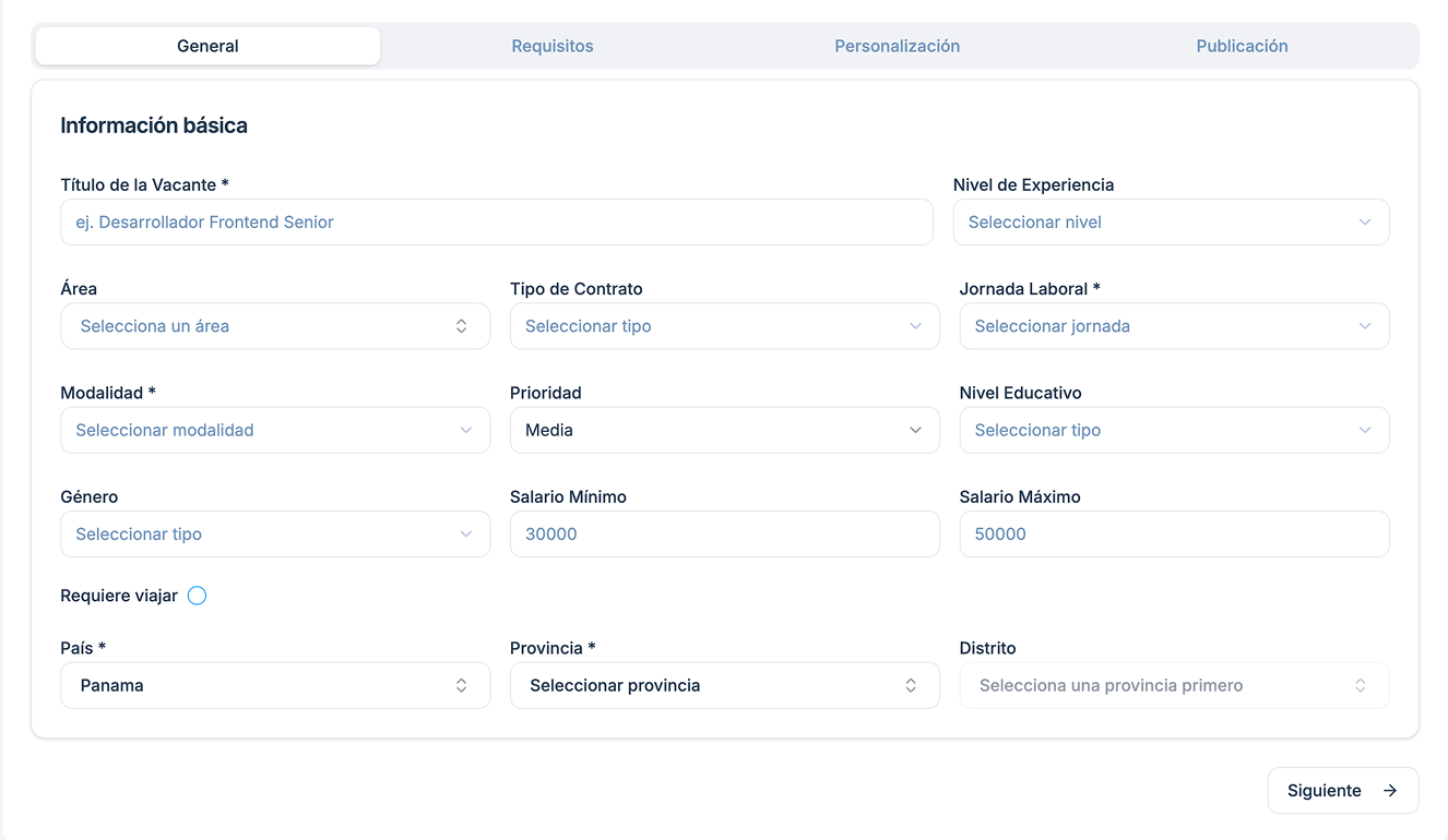 Formulario de creación de vacante con campos: título, área, tipo de contrato, jornada, salario, ubicación