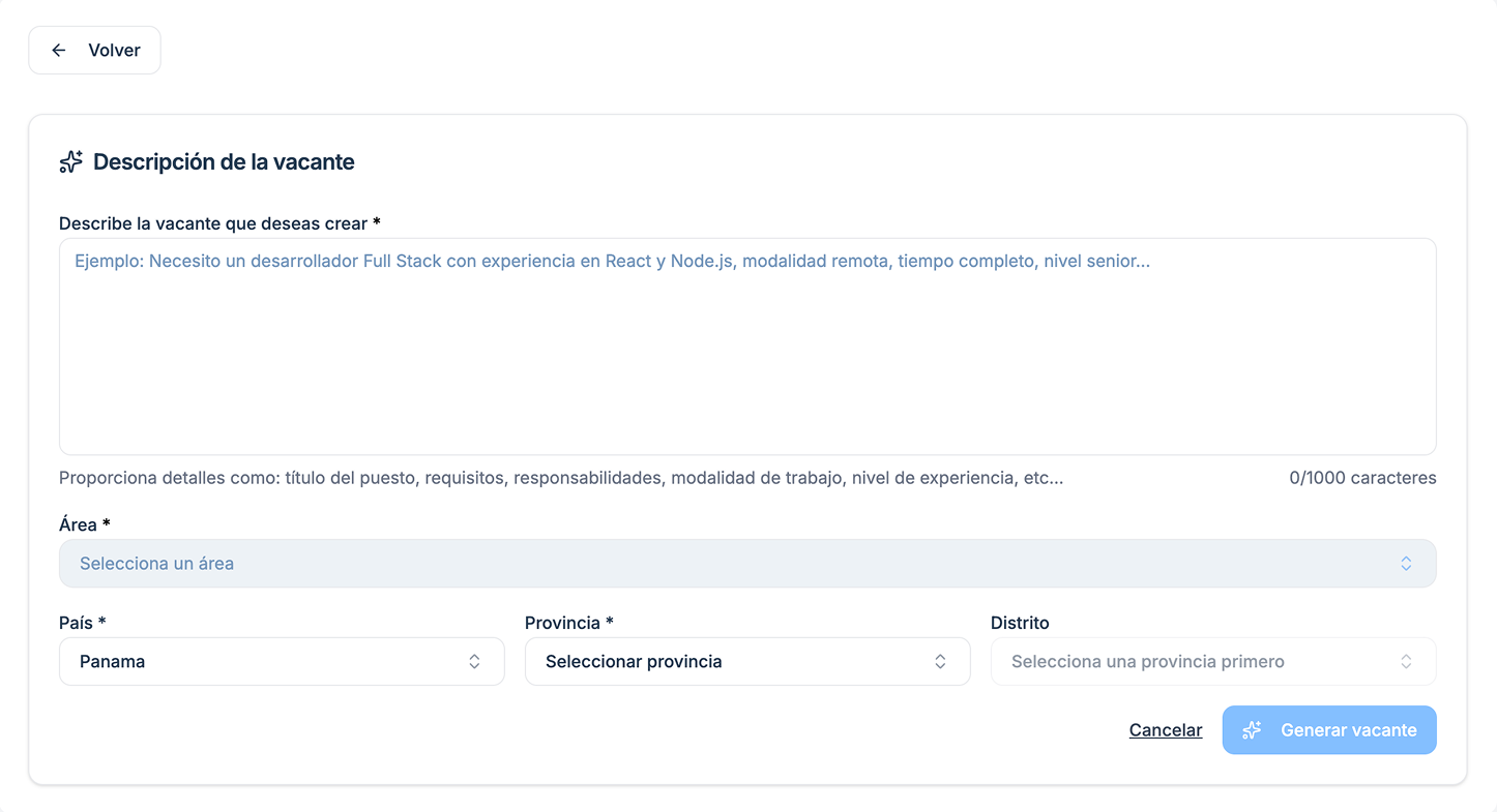 Pantalla de generación de vacante con IA