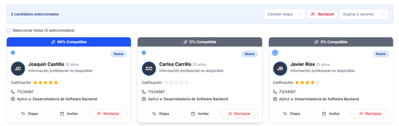 Barra de acciones masivas con 3 candidatos seleccionados: Cambiar etapa, Rechazar y Asignar a vacante