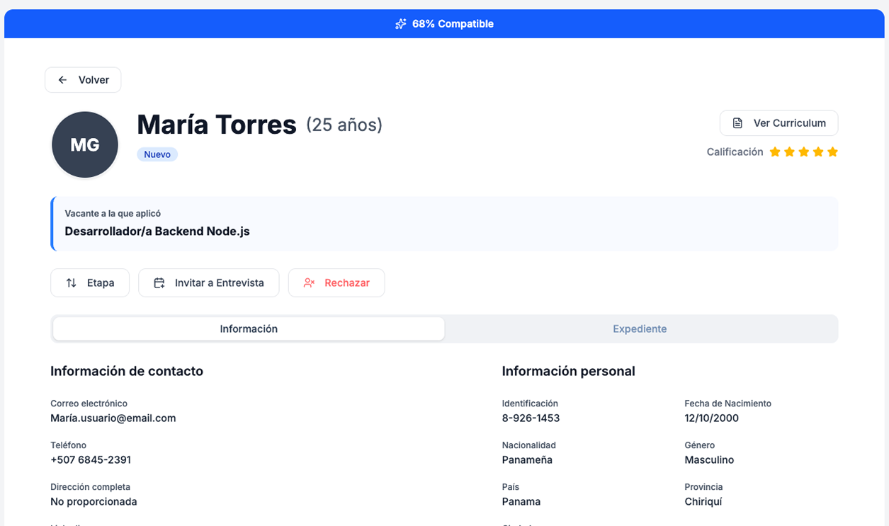 Perfil completo del candidato con información de contacto, datos personales, vacante aplicada y acciones