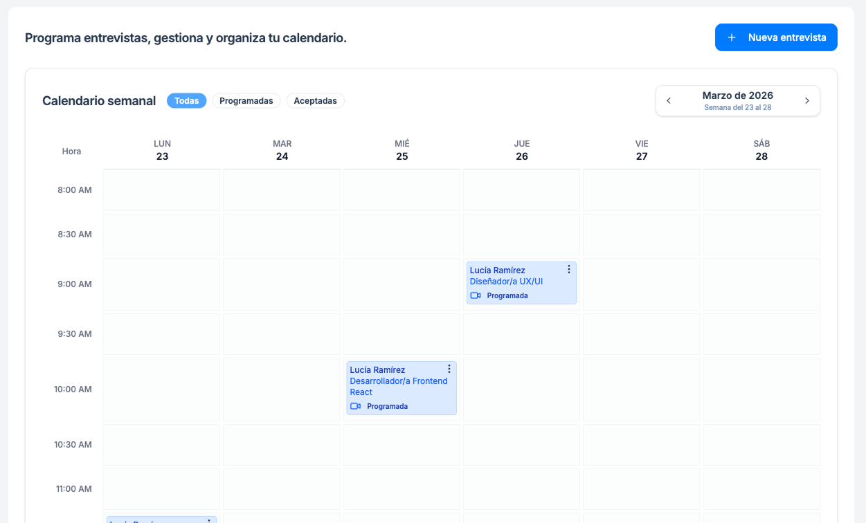 Calendario semanal de la agenda con filtros de estado y entrevista programada