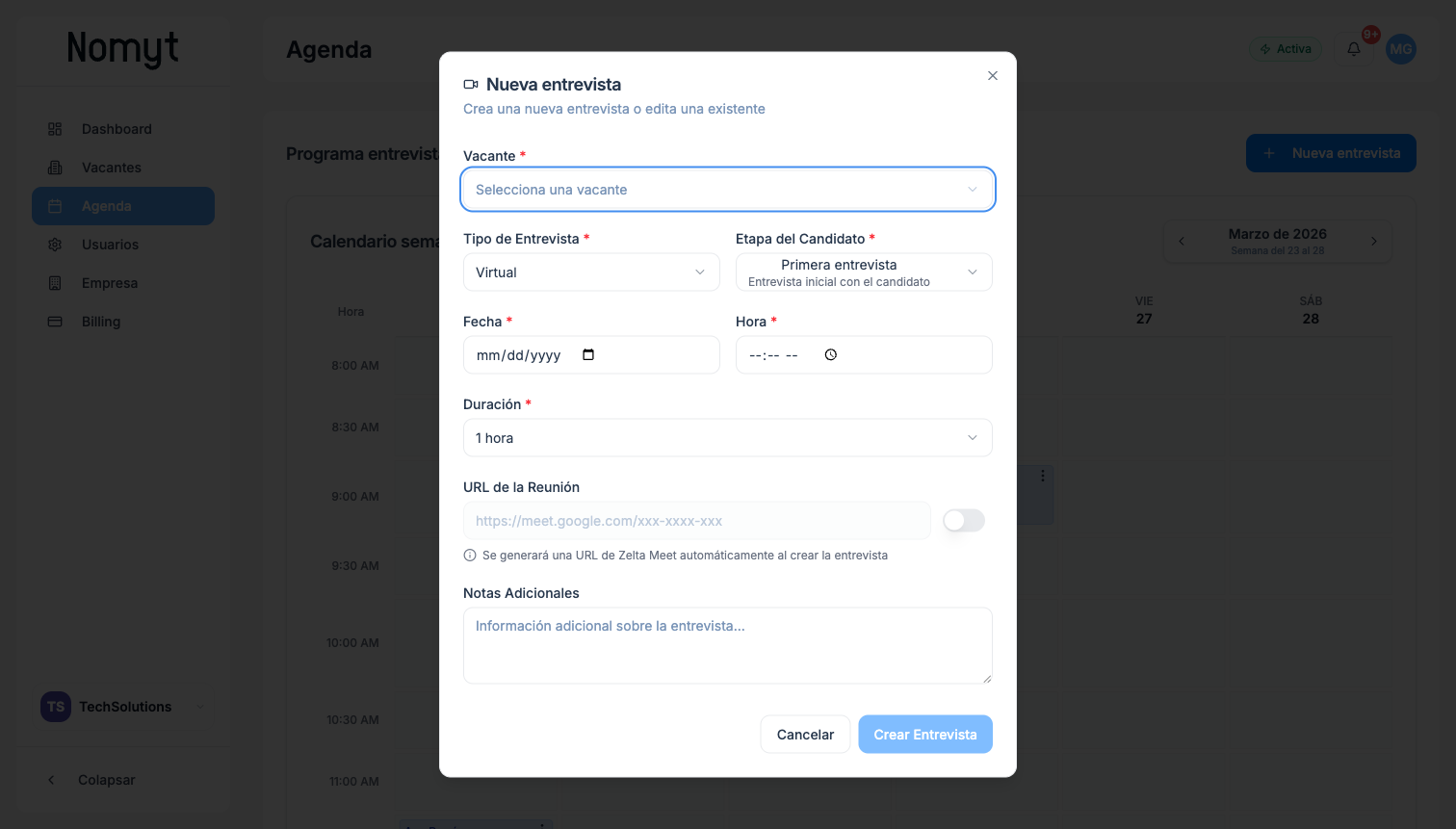 Modal de creación de entrevista con campos: vacante, tipo, etapa, fecha, hora, duración, URL y notas