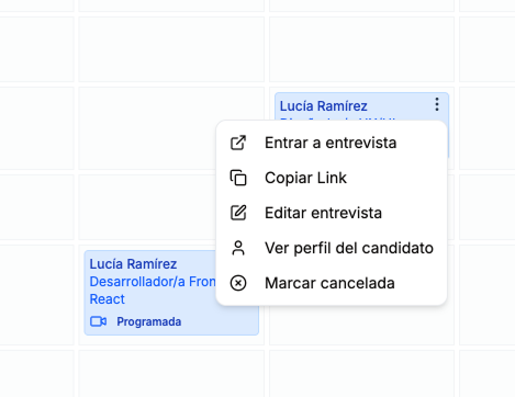 Menú de acciones de entrevista: Entrar, Copiar Link, Editar, Ver perfil y Marcar cancelada