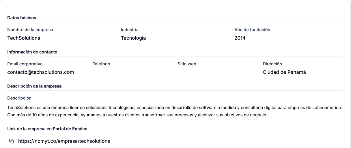 Información de empresa con datos básicos, contacto, descripción y portal de empleo