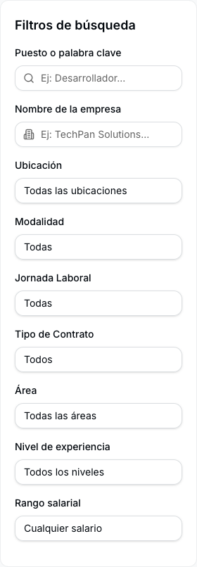 Panel de filtros de búsqueda