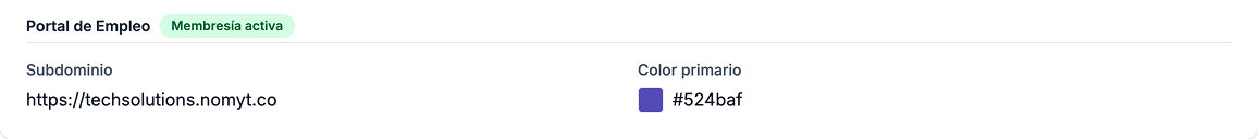 Sección de Portal de Empleo con subdominio, color primario y link del portal