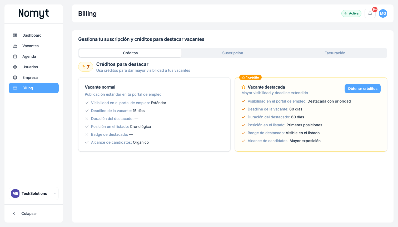 Pestaña Créditos con saldo de tokens, comparativa vacante normal vs destacada y botón obtener créditos