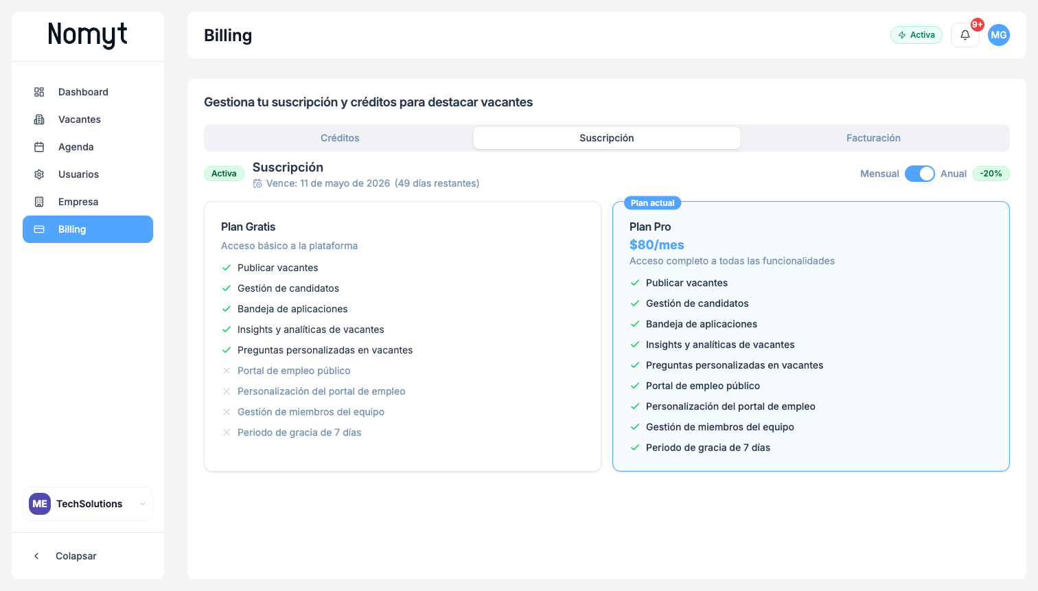 Pestaña Suscripción con comparativa Plan Gratis vs Plan Pro y estado activa