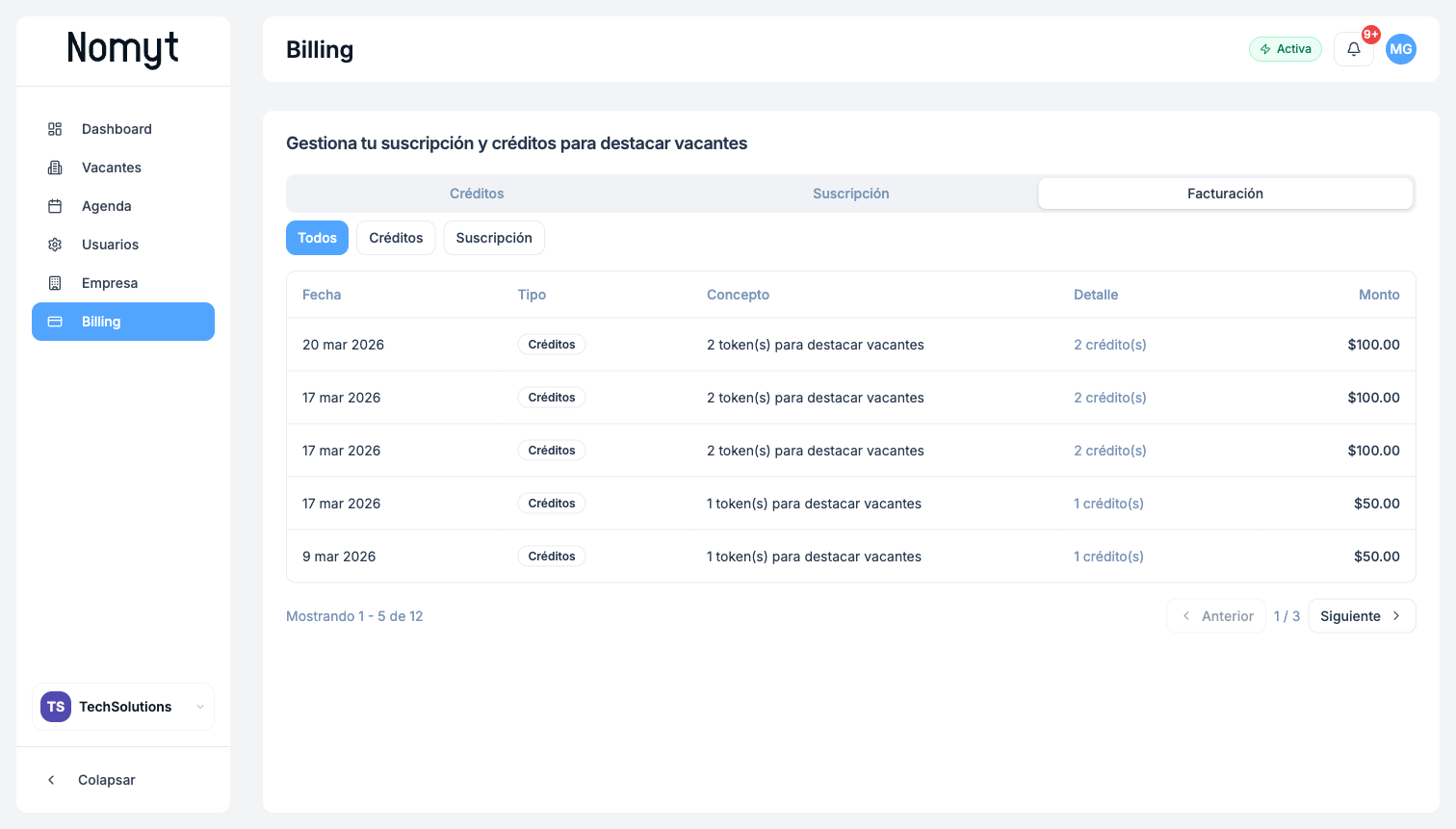 Pestaña Facturación con historial de pagos