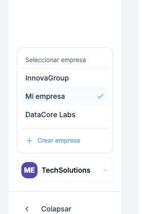 Selector de empresa con lista de empresas y opción de crear nueva