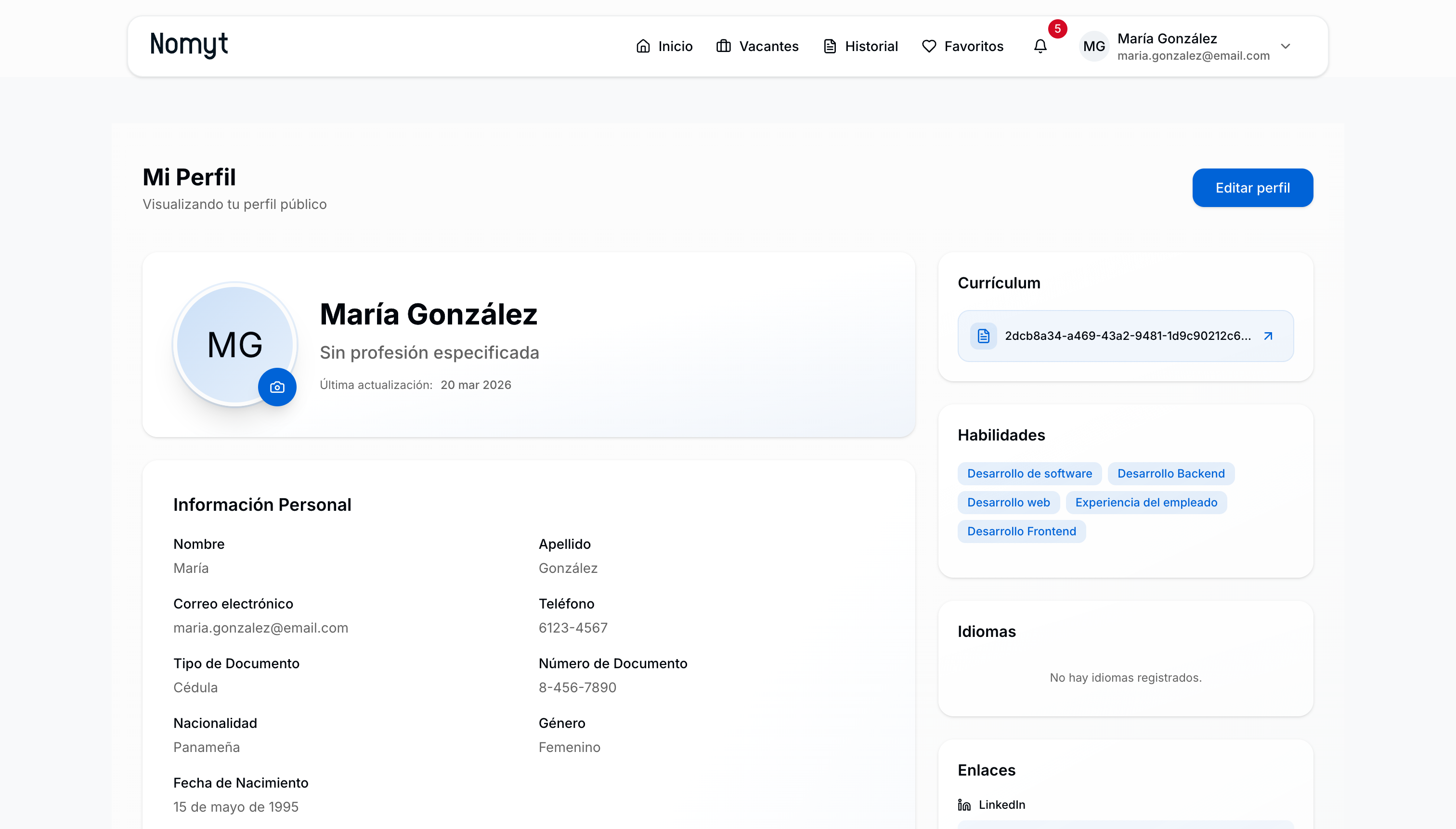 Información personal del perfil