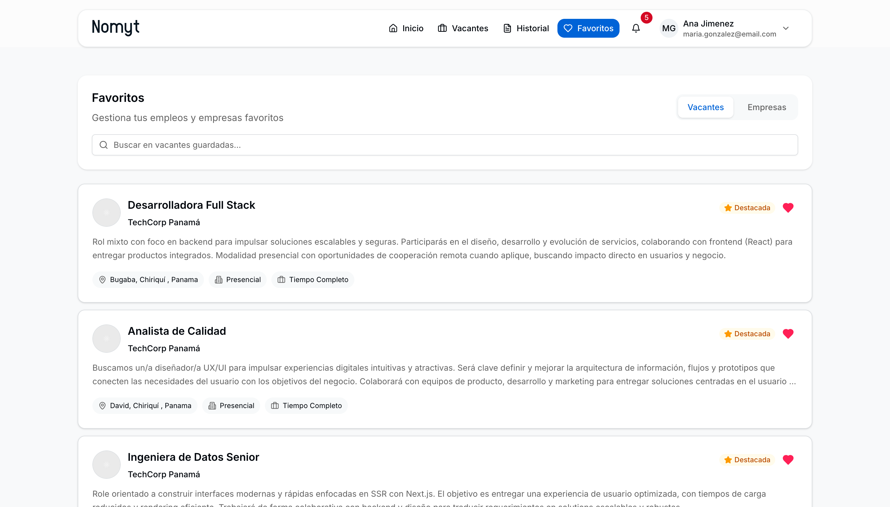 Vacantes guardadas en favoritos