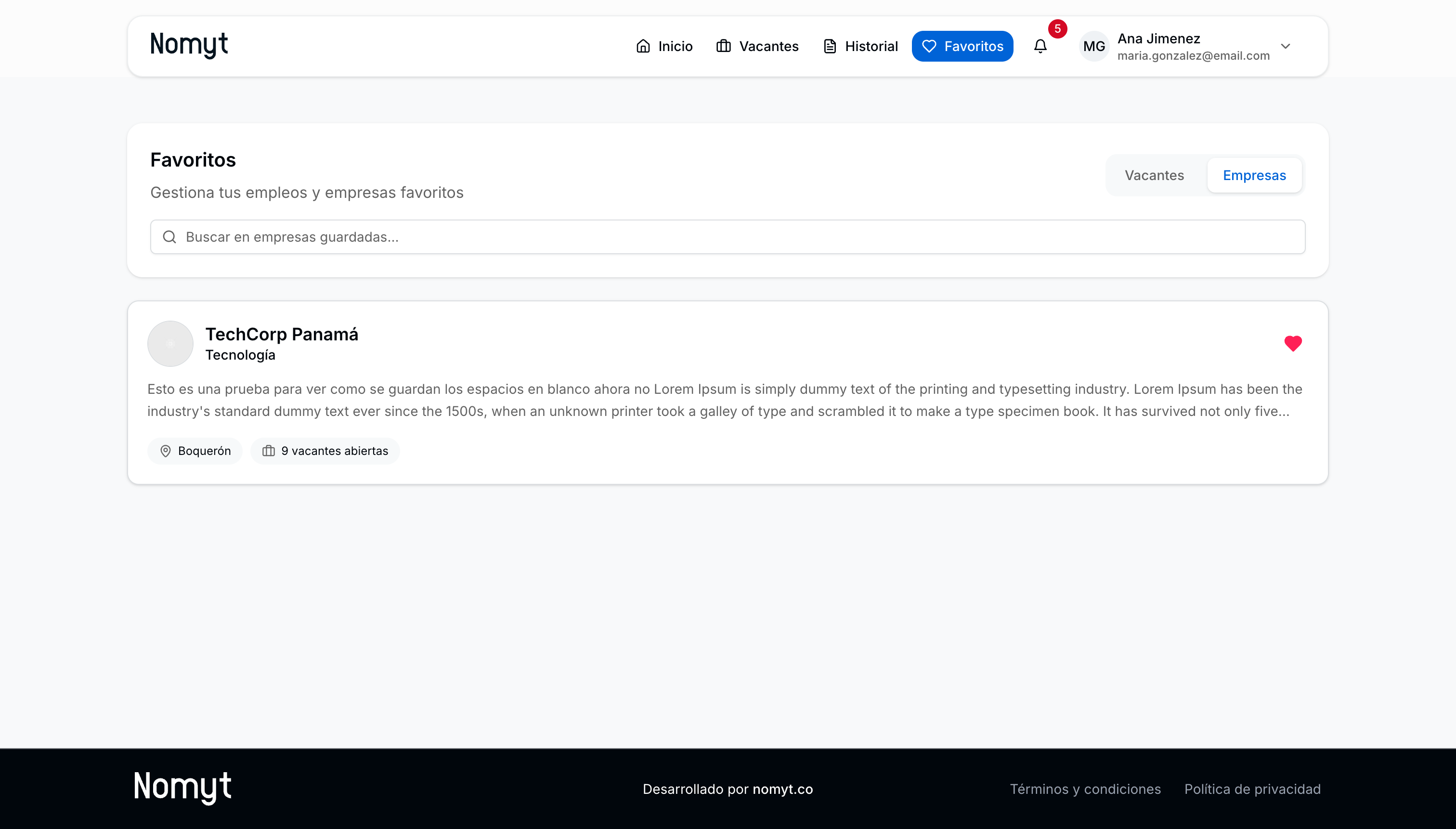 Empresas guardadas en favoritos