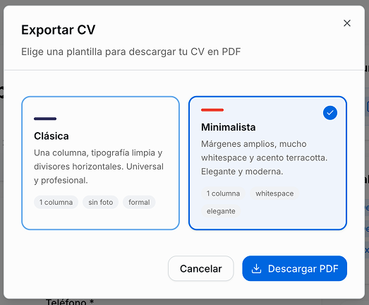 Modal de selección de plantilla con las opciones Clásica y Minimalista