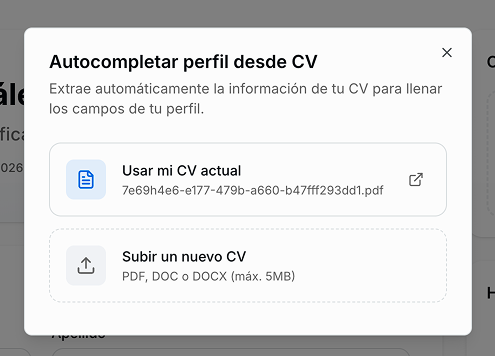 Modal con opciones para usar CV actual o subir uno nuevo