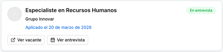 Tarjeta de aplicación con botón Ver entrevista visible en estado de Entrevista
