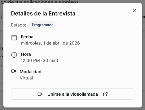 Modal con detalle de la entrevista mostrando estado, fecha, hora, duración y modalidad
