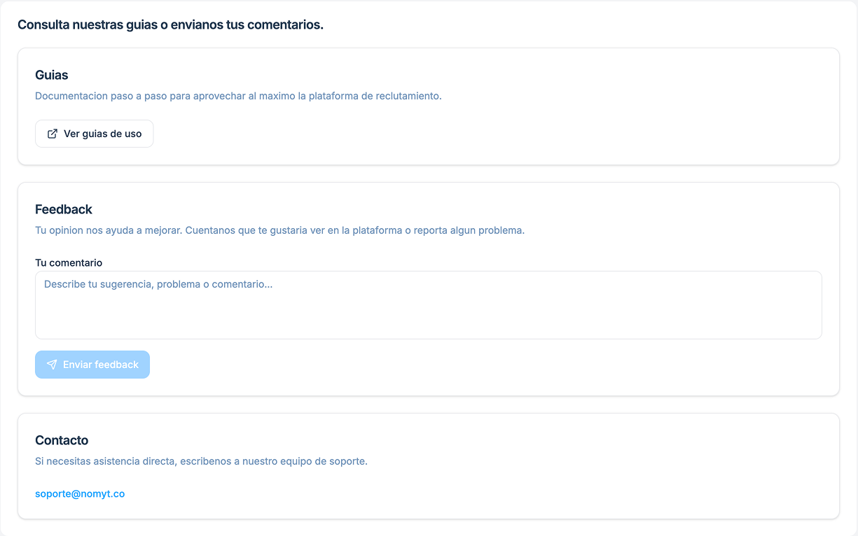 Página de ayuda con las tres secciones: Guías, Feedback y Contacto
