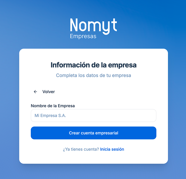 Vista de creación de empresa con campo de nombre y botón Crear empresa