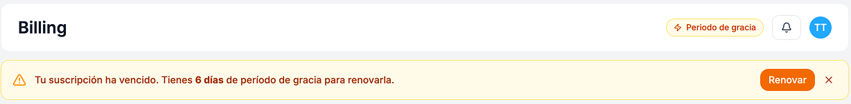 Banner ámbar de período de gracia con contador de días y botón Renovar