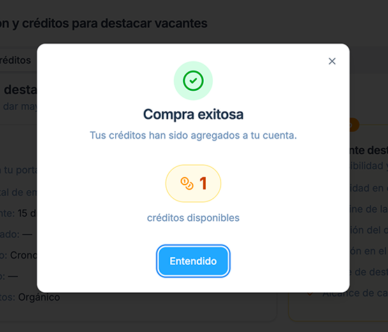 Modal de compra exitosa con icono verde, saldo de tokens y botón Entendido